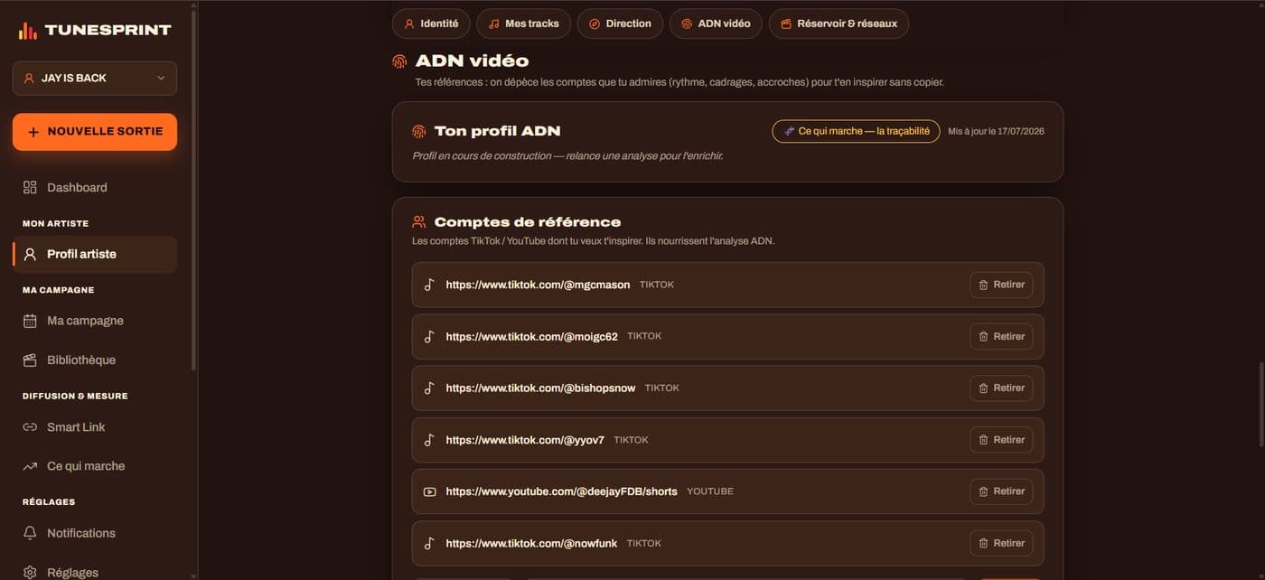 Ăcran ADN vidĂ©o de TuneSprint : profil ADN et comptes de rĂ©fĂ©rence TikTok et YouTube
