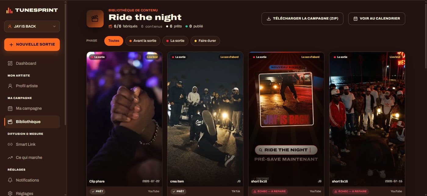 BibliothÚque de contenu TuneSprint : la campagne « Ride the night » avec ses contenus datés