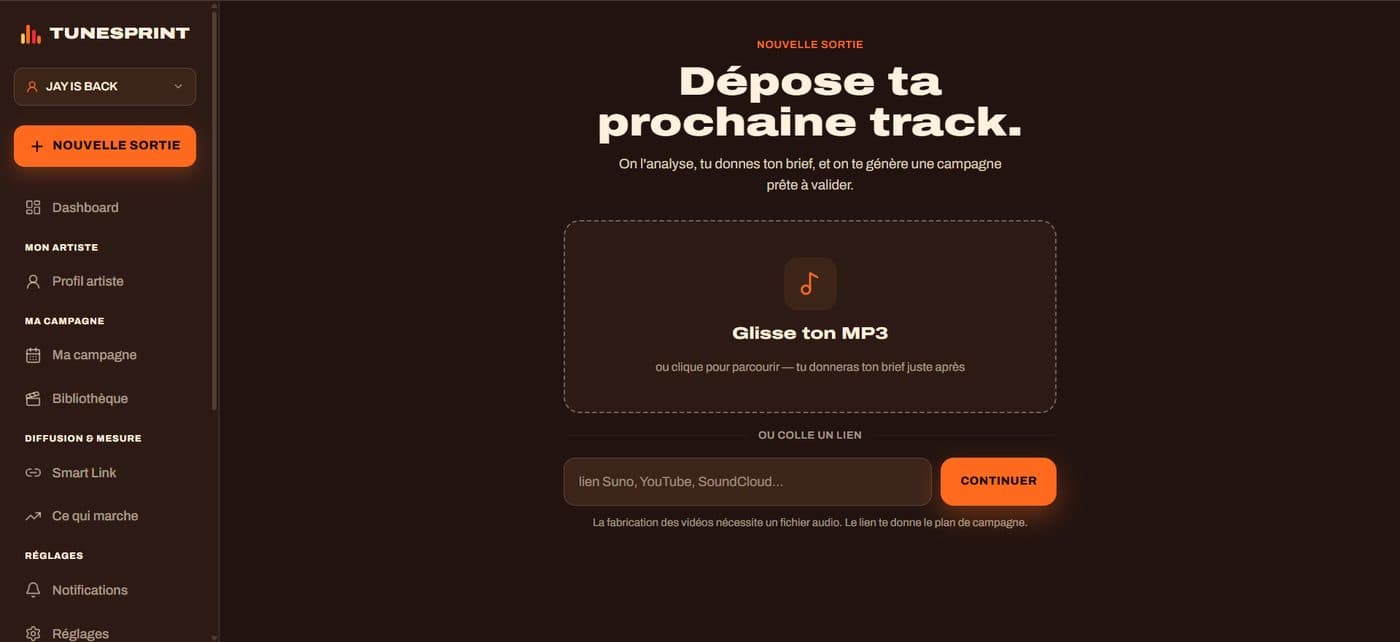 Ăcran de dĂ©pĂŽt TuneSprint : glisser un MP3 pour lancer une sortie